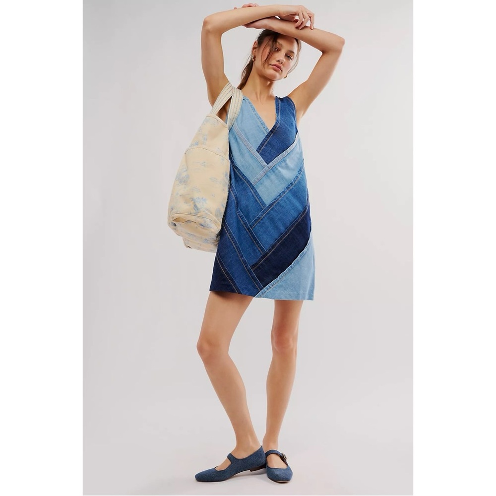 Free People Bohemian 70s Patches Of Denim Mini Dress XS NWT Patchwork Fall Retro - Picture 6 of 16